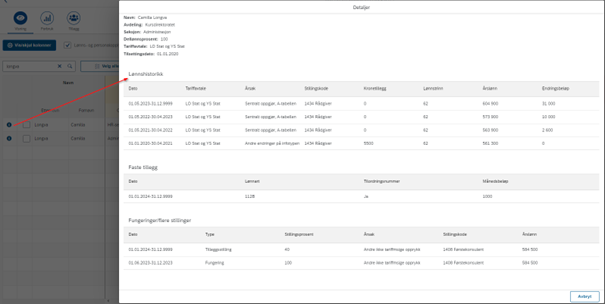 Bildet viser hvordan du trykker på informasjonssymbolet for å se den ansattes lønnshistorikk, og eventuelle faste tillegg, fungeringer og flere stillinger.