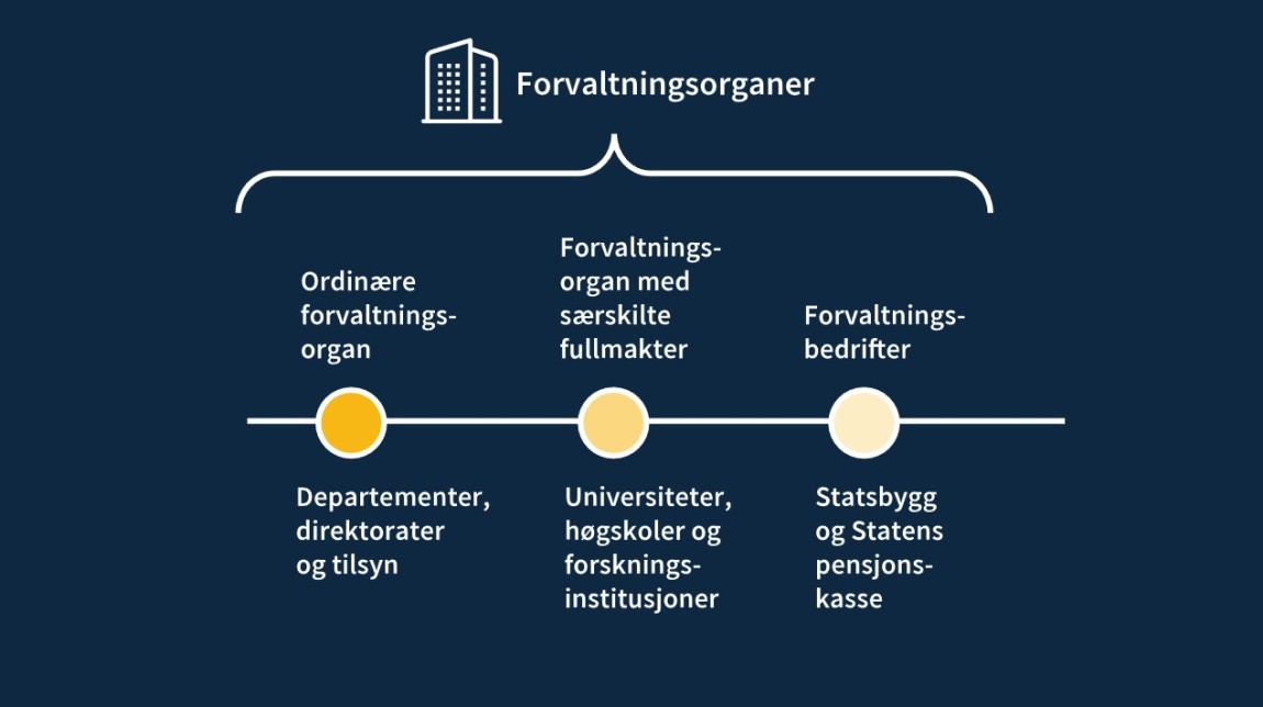 Bildet viser de tre organisasjonsformene forvaltningsorganer kan ta: ordinære forvaltningsorganer, forvaltningsorganer med særskilte fullmakter og forvaltningsbedrifter