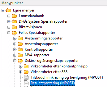 Viser hvor i menyen du finner Resultatpostering (MPOST)