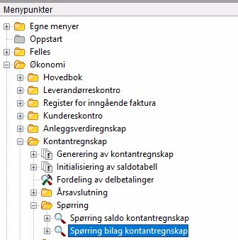 Viser Spørring bilag kontantregnskap i menyen