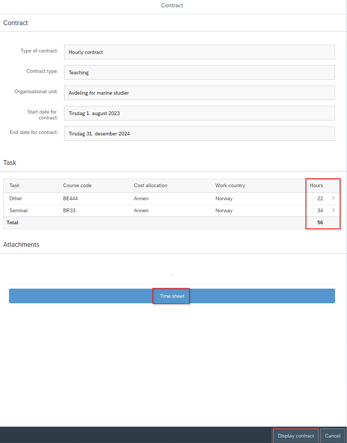 The image shows contract terms, including buttons for time sheet and display contract