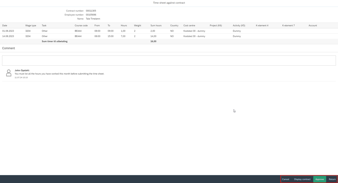 The image shows the submitted time sheet, and the various buttons