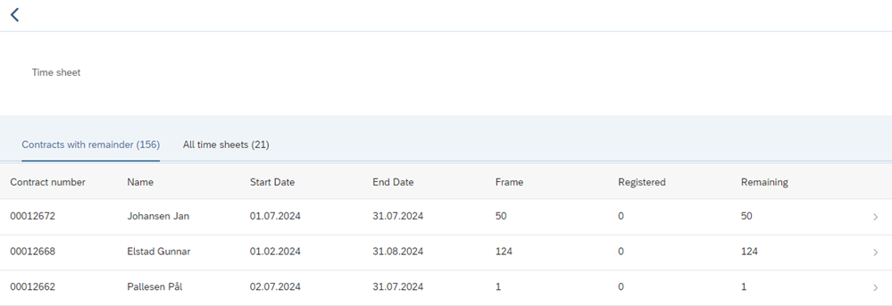 The image shows the time sheet screen, under the tab contracts with remainder