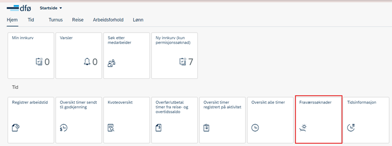 Bildet viser flisen fraværssøknader i selvbetjeningsportalen