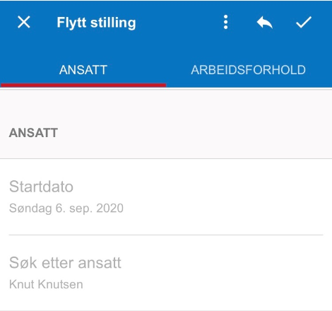 Skjermbilde av informasjon om ansatt i skjema "Flytt stilling" ved behandling i mobilappen.