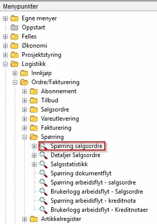 Menypunkt spørring salgsordre