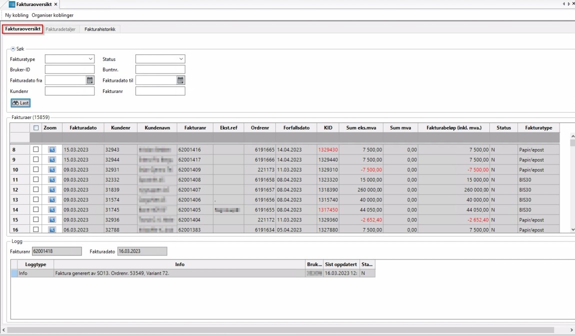 Skjermbilde Fakturaoversikt