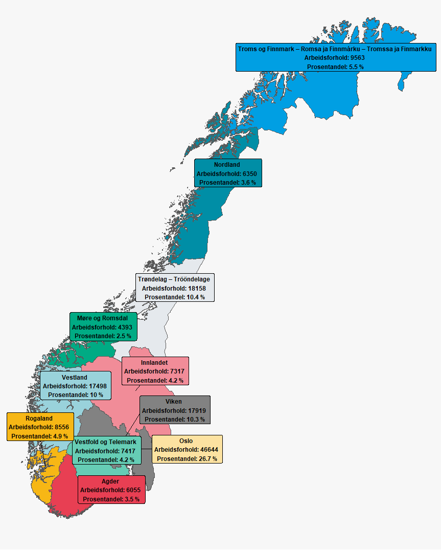 Kartet viser antall arbeidsforhold fordelt i Norge. Det er ansatte i hele Norge med flest i Oslo