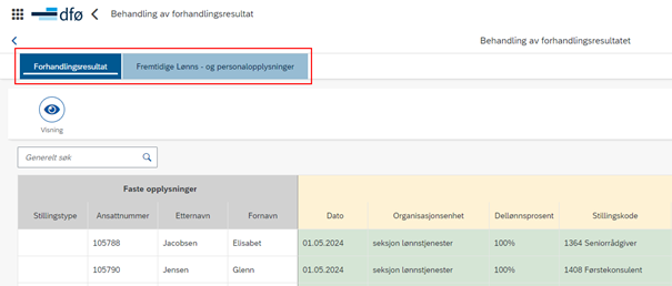 Bildet viser de to fanene Forhandlingsresultat og Fremtidige lønns- og personalopplysninger.