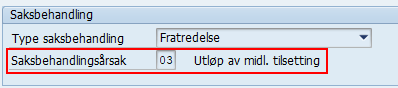 Bilde er et utklipp fra IT0000 Saksagang i SAP og viser feltet Saksbehandlingsårsak.