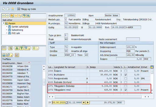 Bildet er et utklipp fra IT0008 i SAP og viser Grunnlønn.