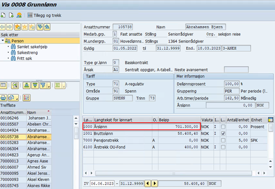 Bildet er et utklipp fra IT0008 i SAP Grunnlønn.