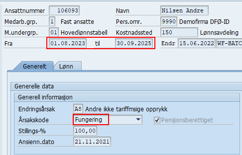 Bilde fra IT0509 Aktivitet med høyere lønn i SAP og viser feltene Fra og Til og Årsakskode.