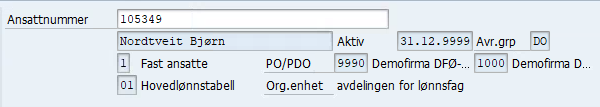 Bildet er et utklipp fra PA20 i SAP hvor ansattnummer, etternavn og fornavn viser.