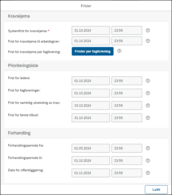 Bildet er et utklipp av fristene som er gjeldende for den valgte forhandlingen.