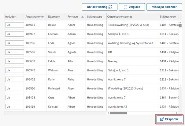 Bildet viser knappen for å eksportere ansattutvalget
