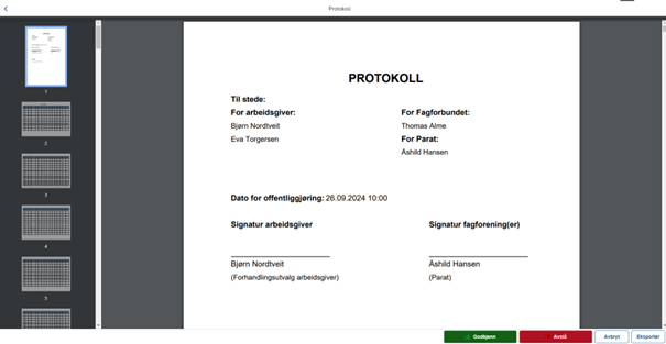 Bildet viser protokollen og knappene Godkjenn og Avslå.