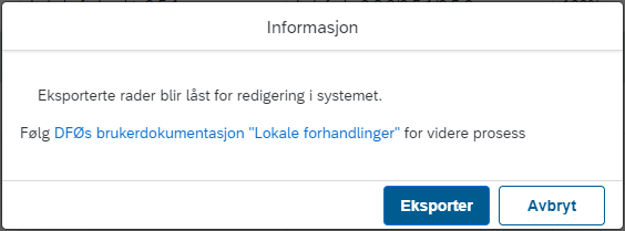 Bildet viser informasjonsmeldingen som kommer opp ved eksport.