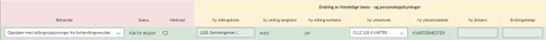 Bildet viser kolonner med oppdatert stillingsinformasjon under Endring av fremtidige lønns- og personalopplysninger.