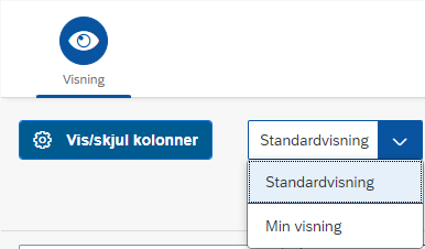 Bildet viser nedtrekksmenyen hvor du kan velge standard visning eller eget oppsett.