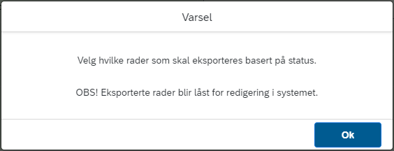 Bildet viser varselet som kommer opp når du trykker på Eksporter.