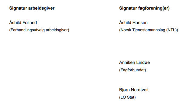 Bildet viser hvordan deltakere med signaturrett vises nederst i protokollen under signaturfeltet.