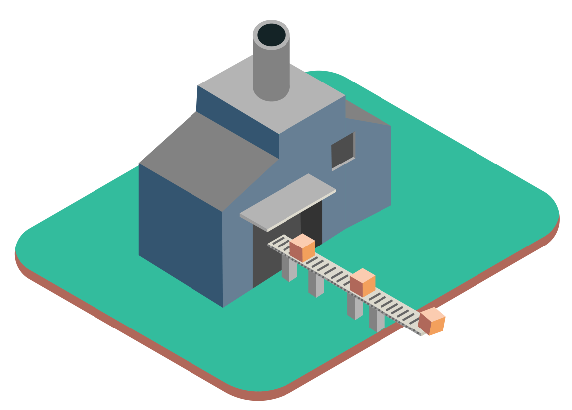 3D-bilde av fabrikk med samlebånd