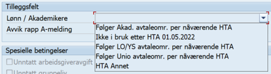 Skjermbilde som viser nedtrekksmeny i IT0001 med de nye valgene for tarifftilhørighet.