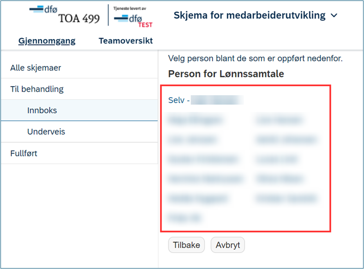 Skjermbilde av evalueringsperiode for skjema