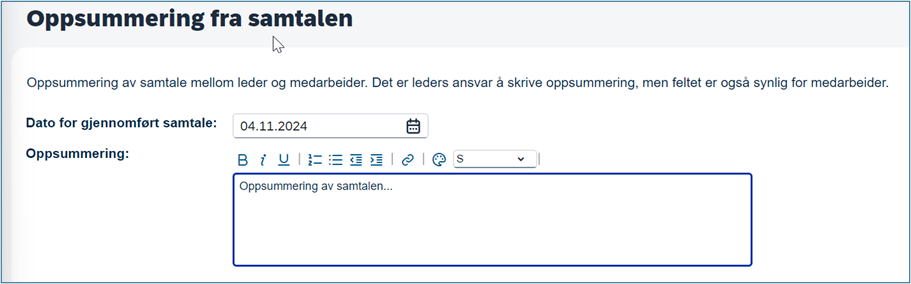 Skjermbilde av oppsummering fra samtalen