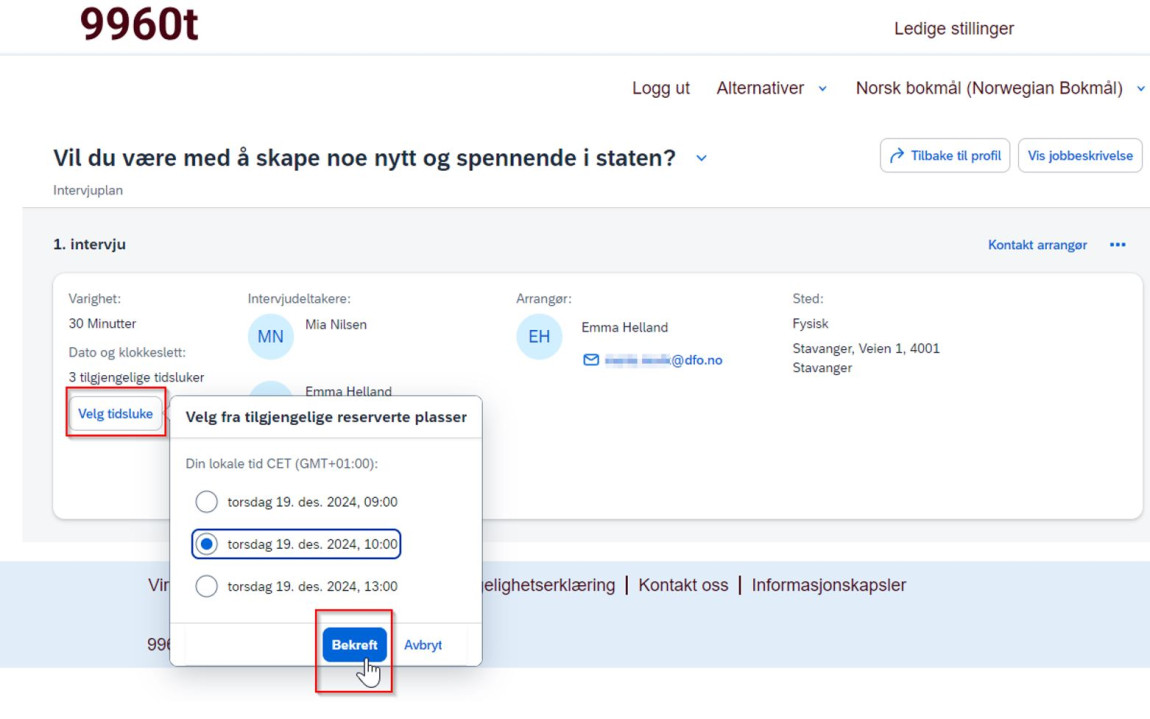 Bilde som viser hvordan kandidater bekrefter tidspunkt i din kandidatprofil. 