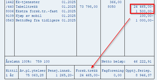 Bildet viser en lønnsslipp med feil summering av forskuddstrekk.