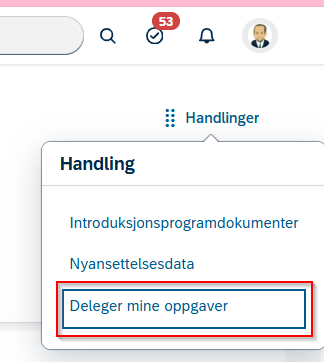 Skjermbilde av handling med rød firkant rundt "deleger mine oppgaver".