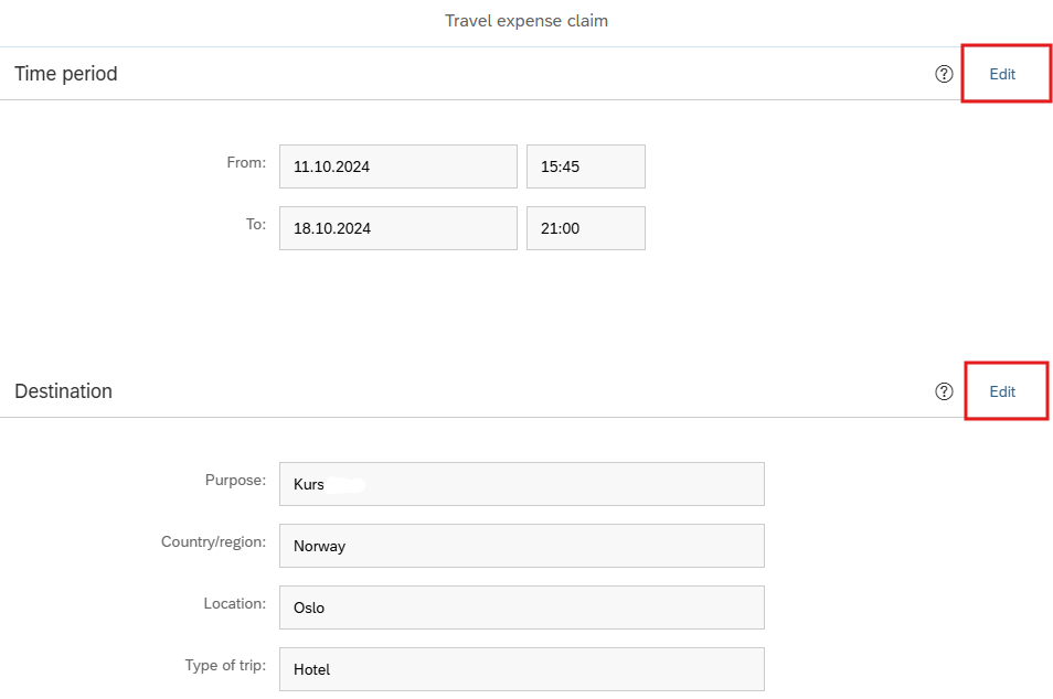 Image showing edit buttons in the travel expence claim