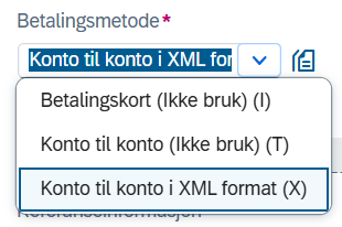 Skjermbilde av verdiene i nedtrekksmenyen under "betalingsmetode".