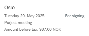 Image showing sent travel expense claim with status for signing