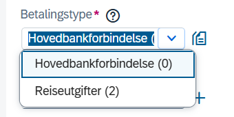 Skjermbilde av verdiene i nedtrekksmenyen under "betalingstype".
