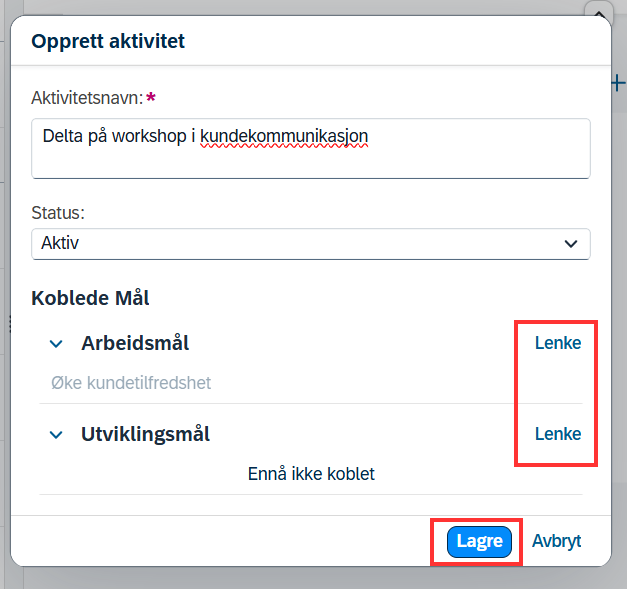 skjermbilde som viser dialogvindu for opprettelse av aktivitet knyttet til arbeidsmål i DFØ-HR