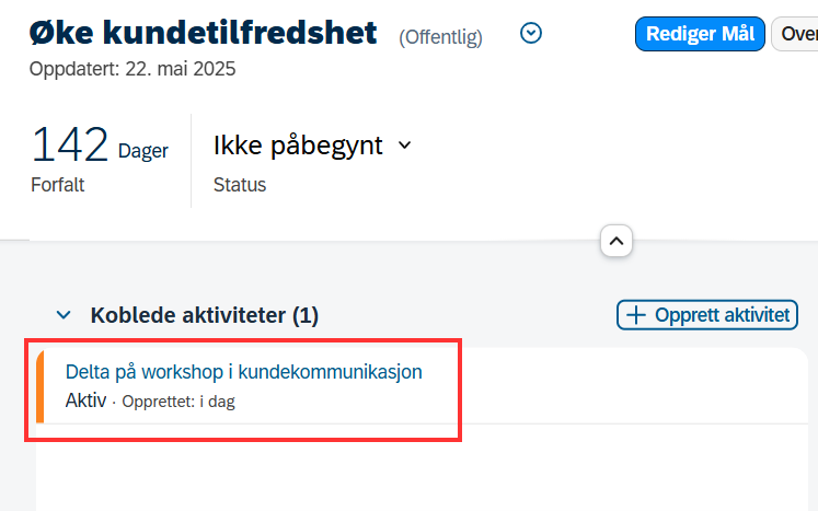 Skjermbilde som viser koblet aktivitet på måldetaljene for mål i DFØ-HR