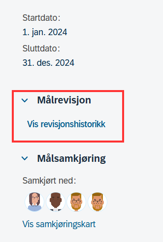 Skjermbilde som viser lenken til revisjonshistorikk ifra måldetaljer i DFØ-HR