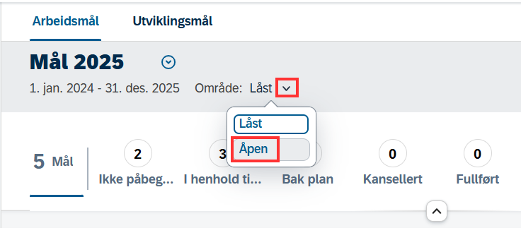 skjermbilde som viser endring av status på målplanen i DFØ-HR
