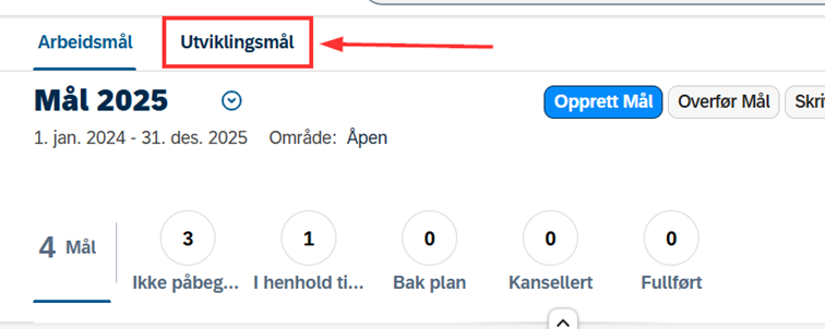 skjermbilde som viser målplanen i DFØ-HR med markering av fane for utviklingsmål