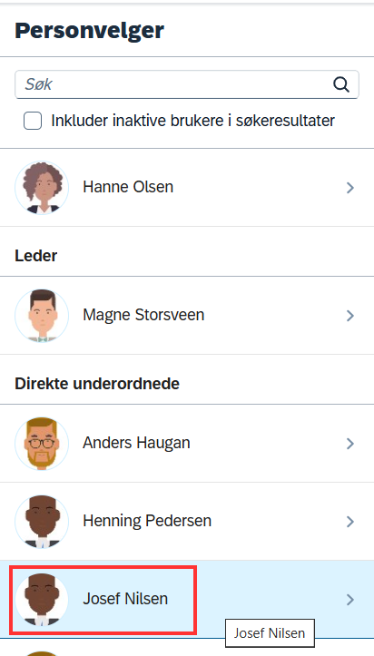 skjermbilde som viser meny for valg av personer for målplan i DFØ-HR