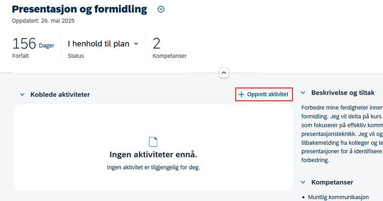 Skjermbilde som viser måldetaljene for et mål i DFØ-HR, med markering for opprette aktivitet