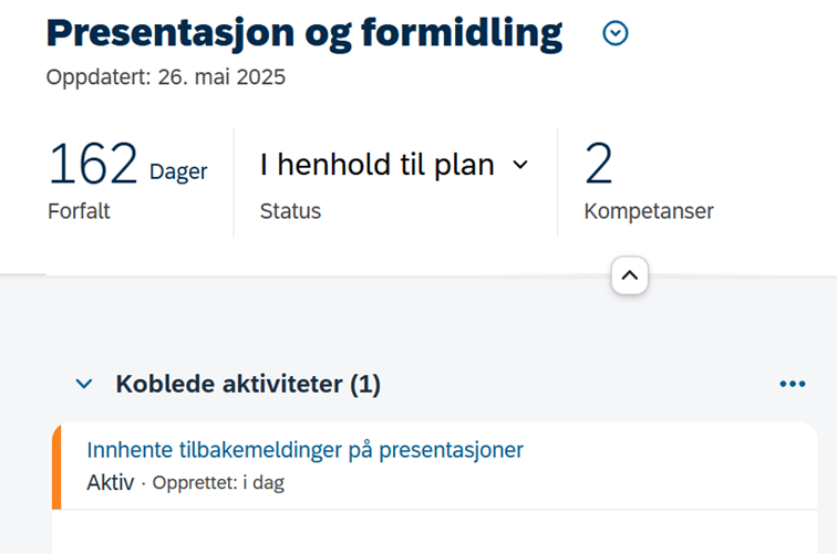 Skjermbilde som viser aktivitet koblet til mål i DFØ-HR