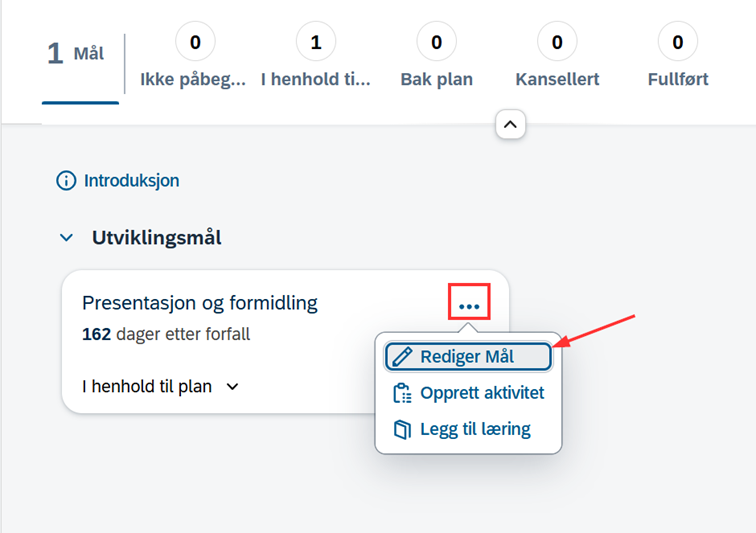 Skjermbilde som viser redigeringsmeny for mål i DFØ-HR