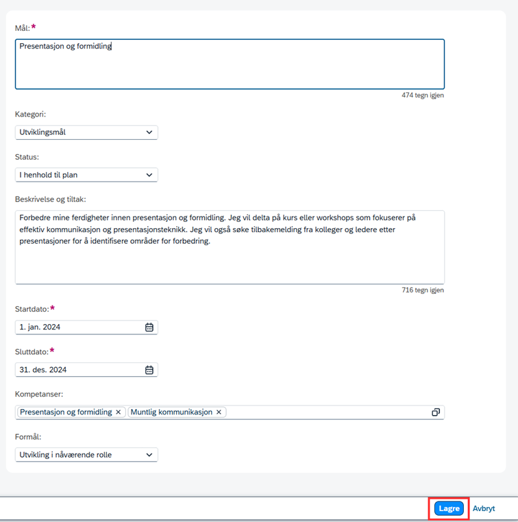 Skjermbilde som viser redigerbare fleter ved redigering av mål i DFØ-HR