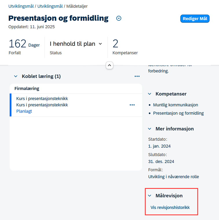 Skjermbilde som viser måldetaljer for mål i DFØ-HR, med markering for målrevisjon