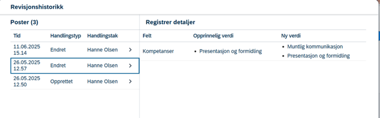 Skjermbilde som viser revisjonshistorikk for valgt mål i DFØ-HR