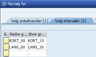 Skjermbilde som viser utvalg av intervaller for kort og lang stige i SAP